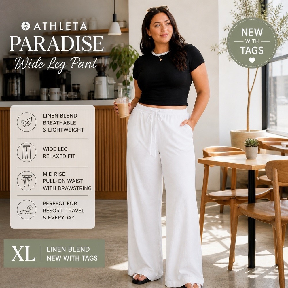 Athleta Paradise Wide Leg Pant XL White Linen Blend Pull-On Resort NWT